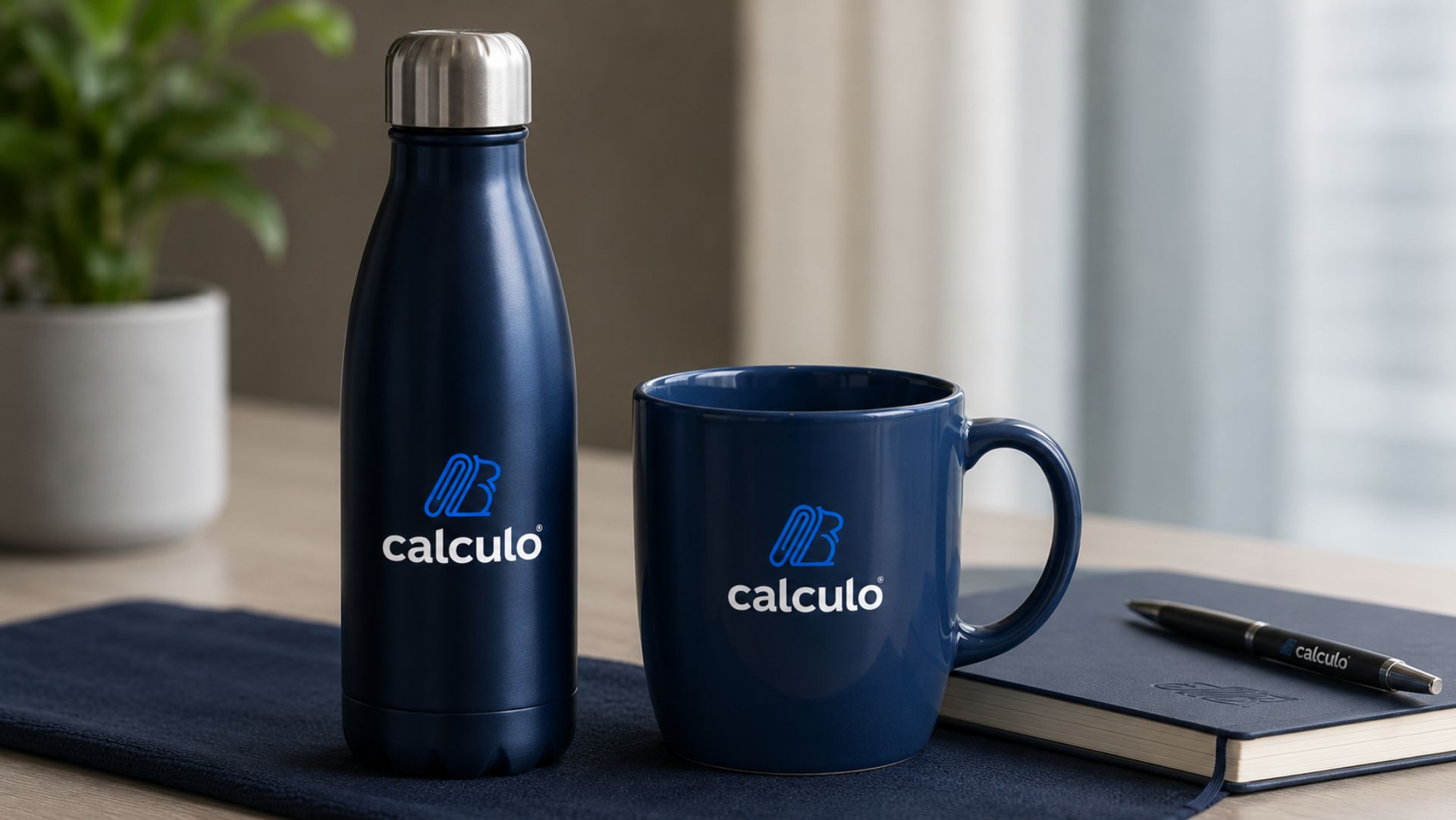 Calculo branded water bottle, mug and pen