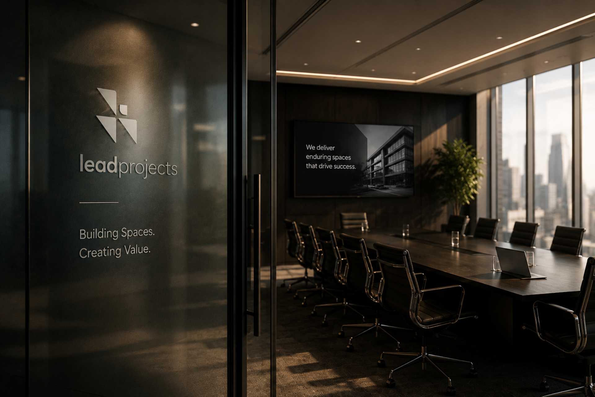 A frosted Lead Projects logo on the glass wall of a boardroom, with a presentation screen reading We deliver enduring spaces that drive success