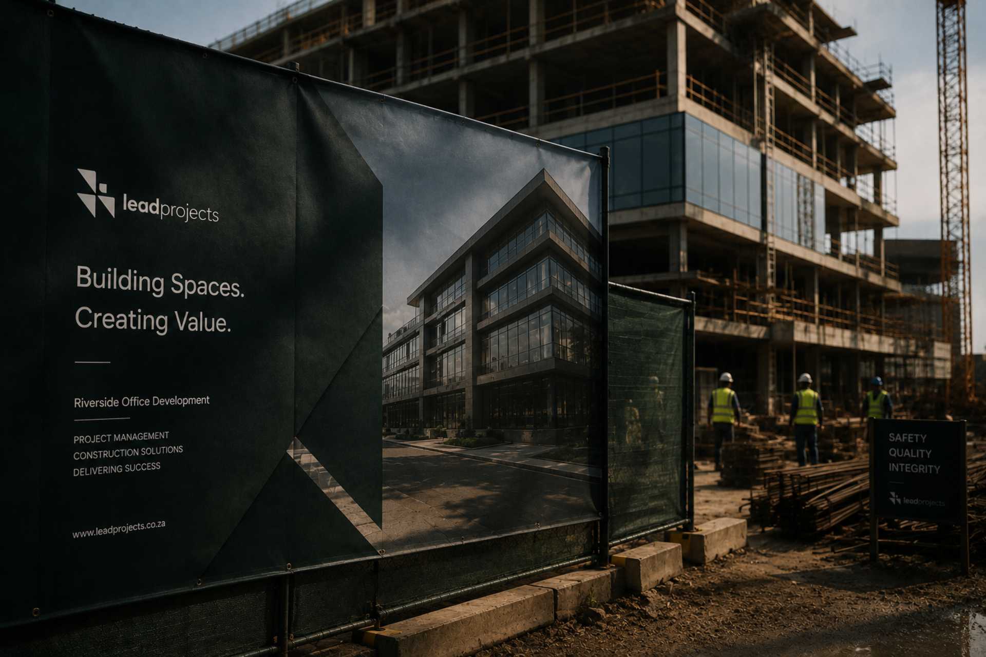 A Lead Projects site hoarding banner reading Building Spaces. Creating Value. in front of an office development under construction