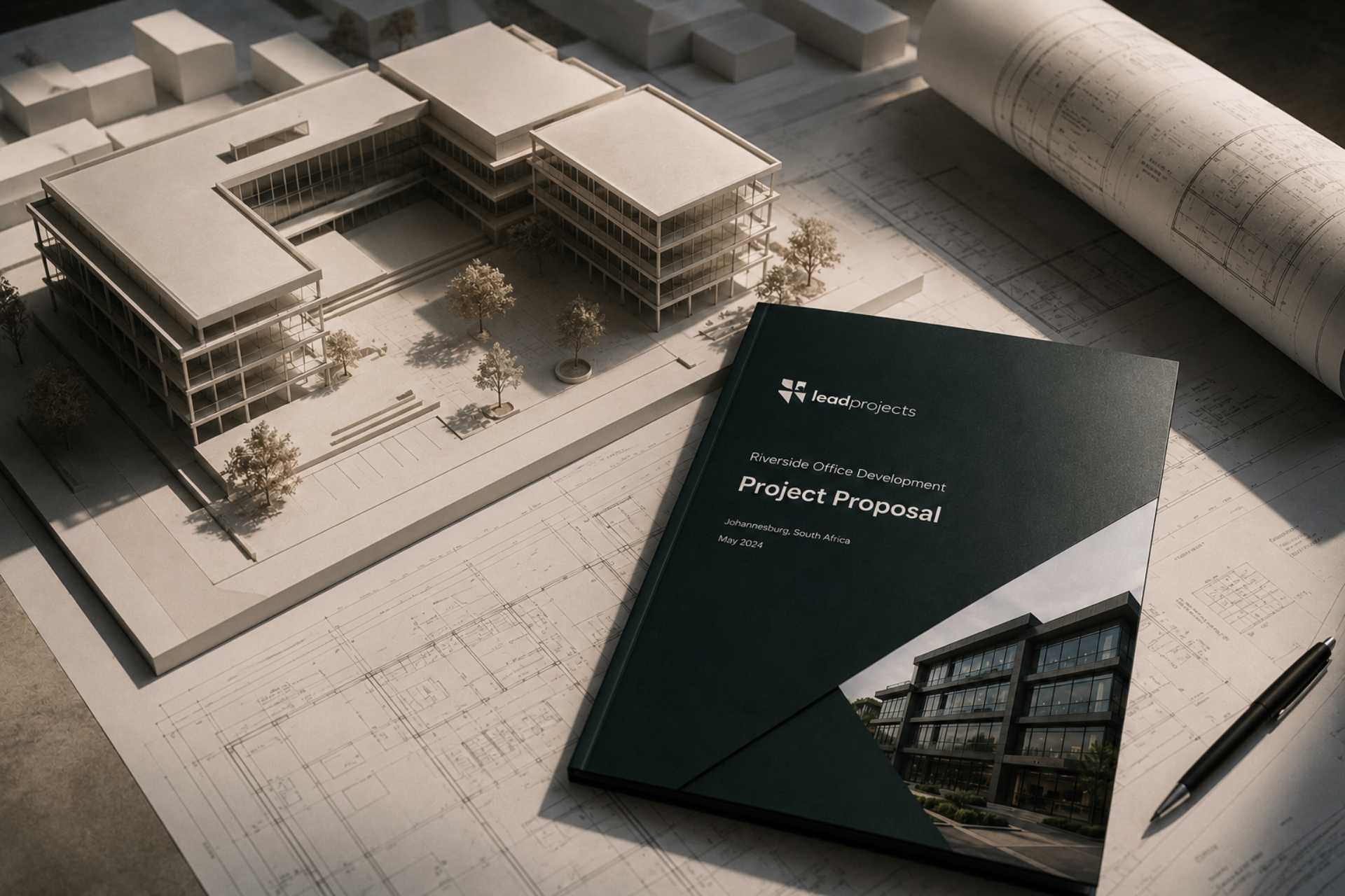 A Lead Projects Project Proposal booklet for the Riverside Office Development, resting on architectural drawings beside a scale building model