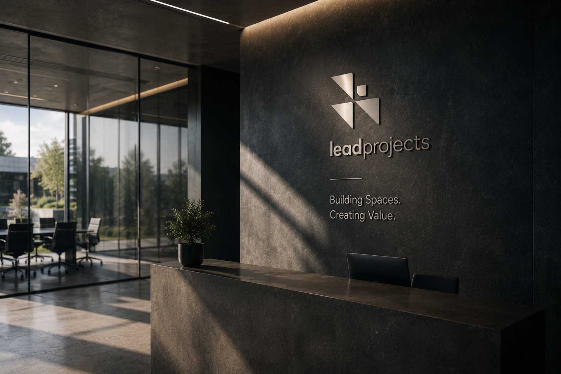 The Lead Projects reception, with the brushed metal logo and Building Spaces. Creating Value. tagline on a dark stone feature wall