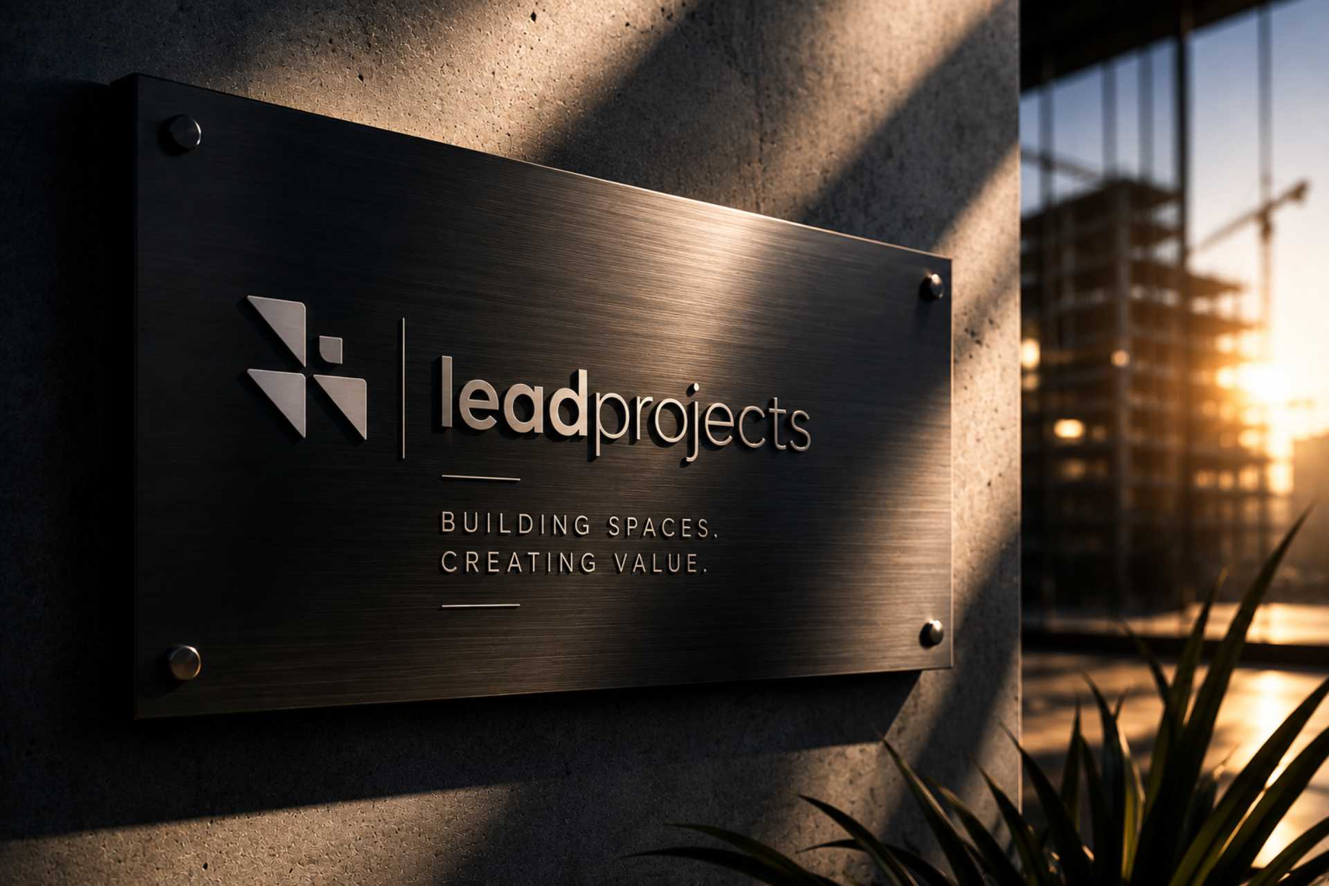 Brushed-metal Lead Projects signage plaque at golden hour