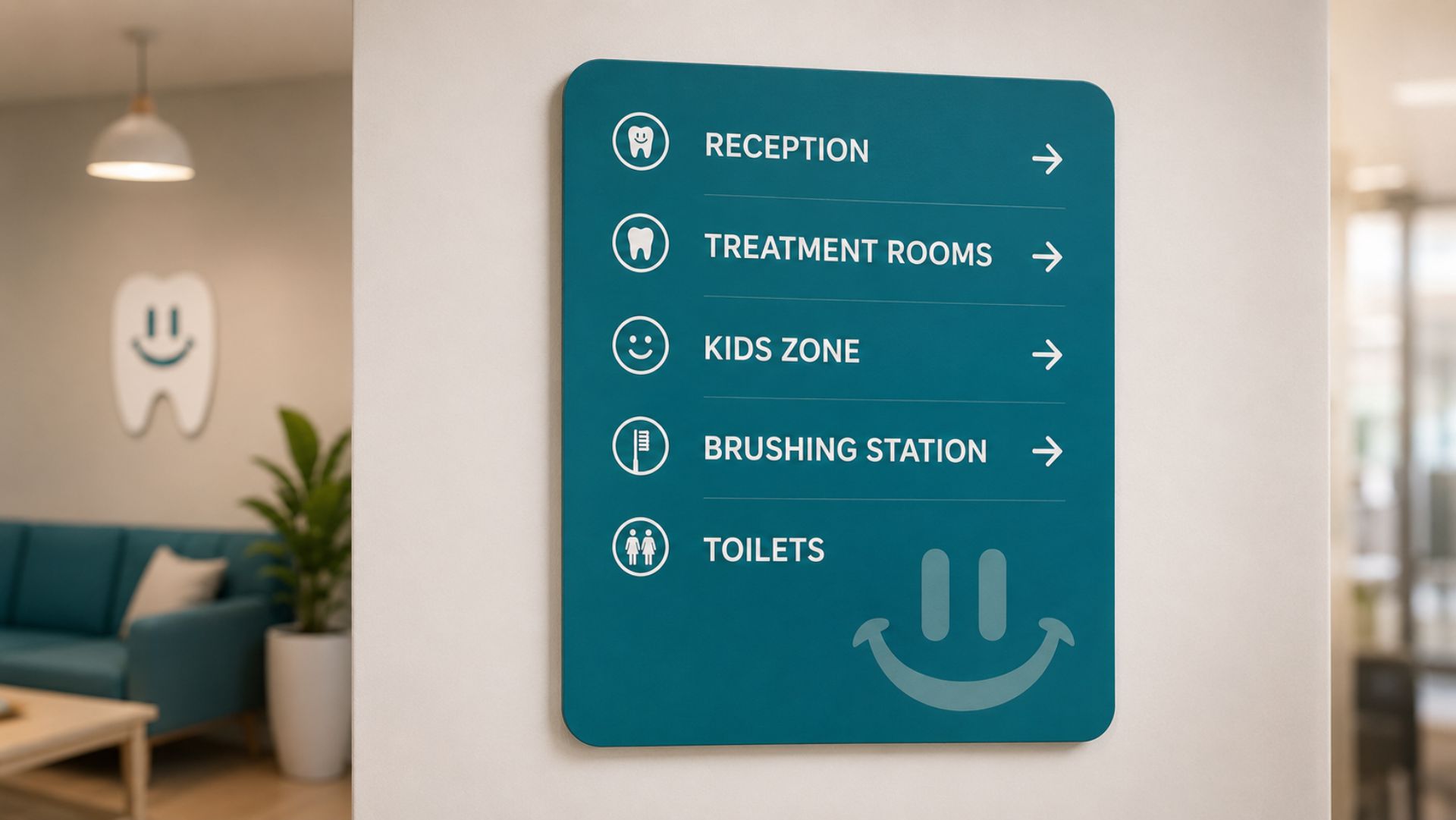 Teal McKechnie Dental directional signage pointing to reception, treatment rooms and the kids zone