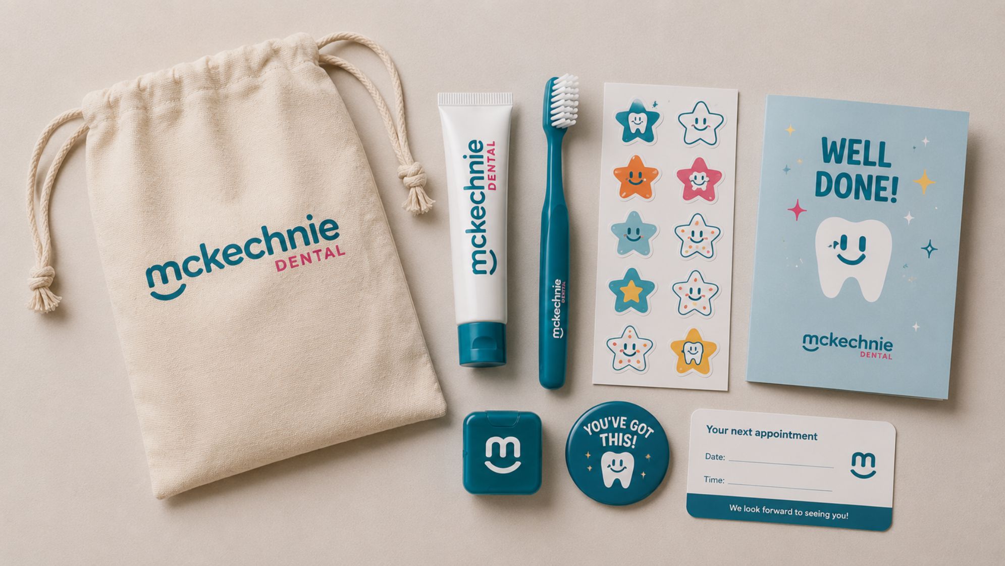 McKechnie Dental kids' take-home kit: branded drawstring bag, toothpaste, toothbrush, reward stickers and a Well Done card