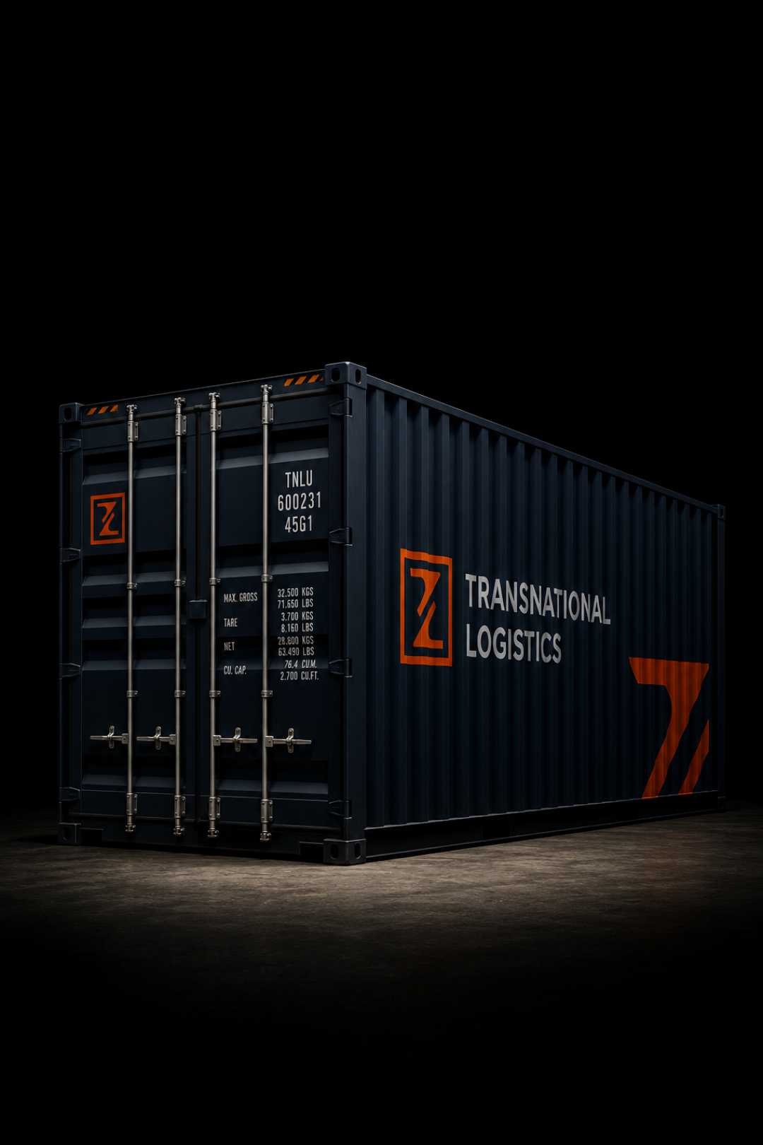 A studio shot of a dark Transnational Logistics shipping container lit against black, showing the logo and container markings