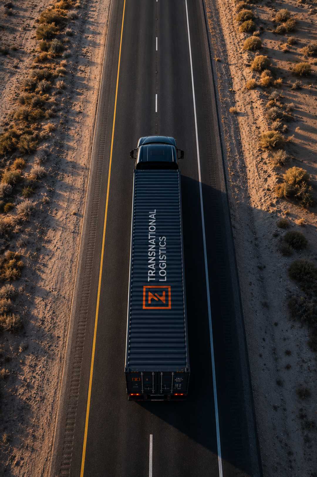 A top-down aerial view of a Transnational Logistics truck driving along a desert highway at golden hour