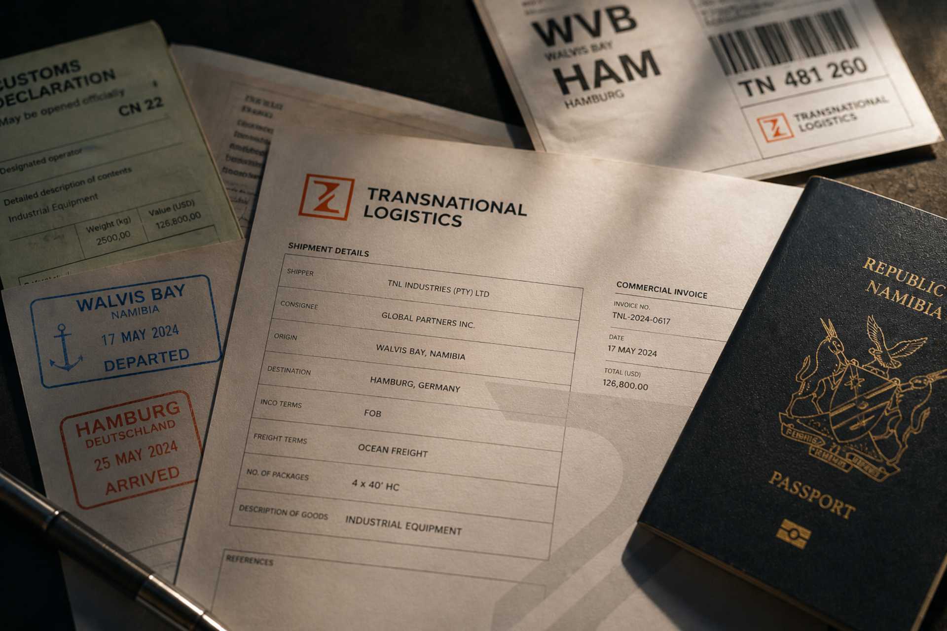 Transnational Logistics shipping paperwork: a commercial invoice, customs declaration and shipping label beside a Namibian passport