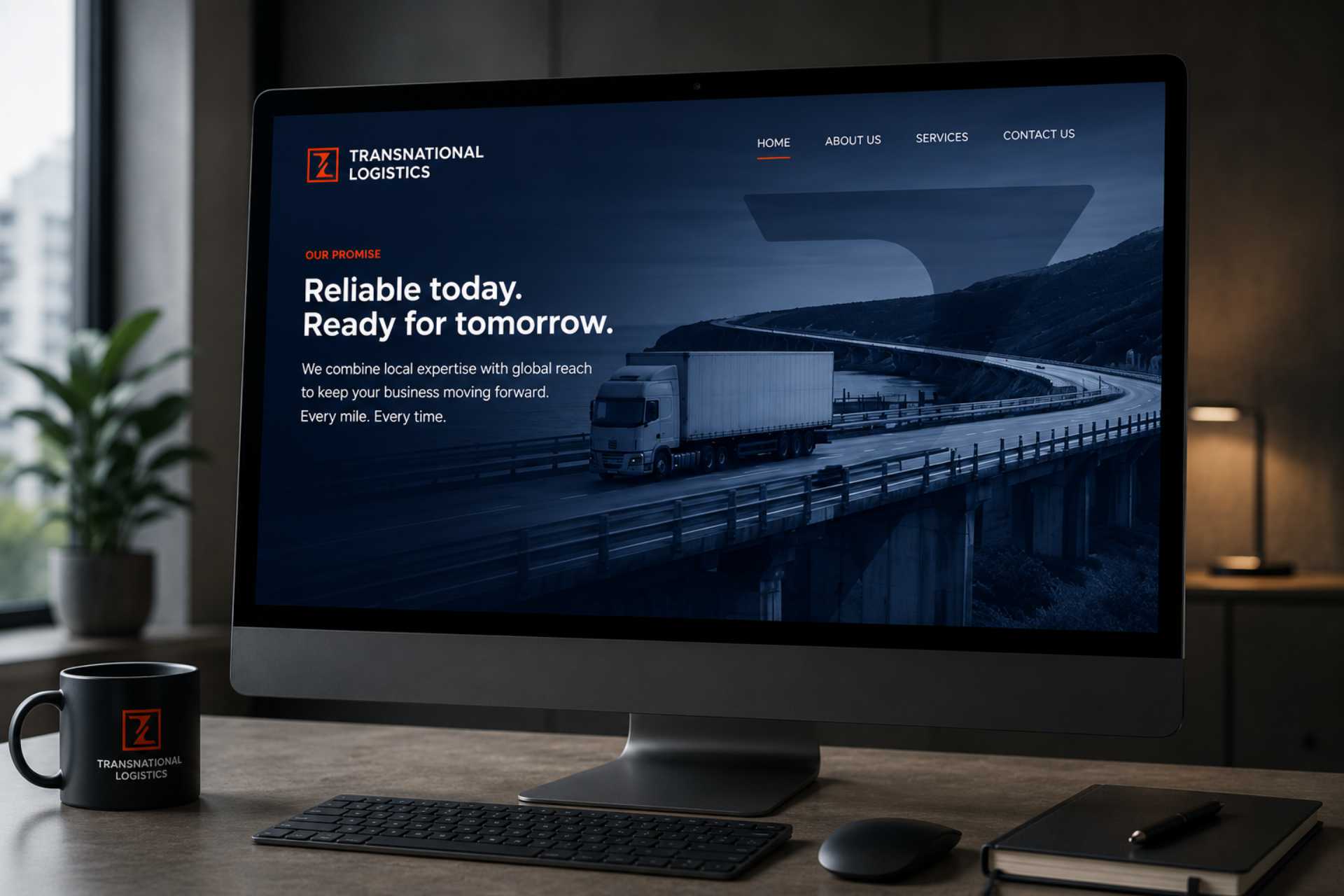 The Transnational Logistics website homepage shown on a desktop monitor with a branded mug on the desk