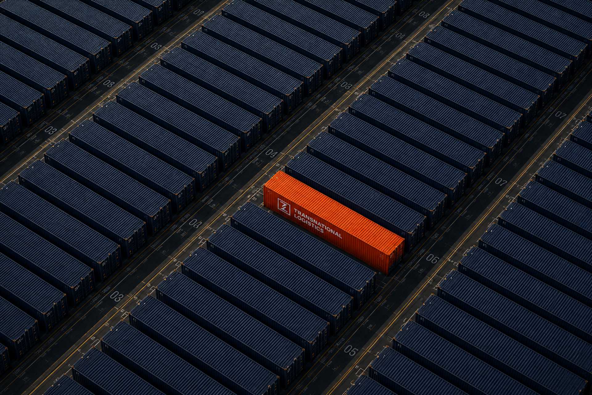 An aerial view of a container yard with a single orange Transnational Logistics container standing out among the dark navy rows